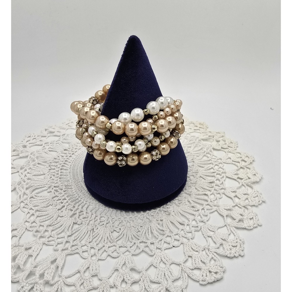Vintage Imitation Pearl Bracelet Torque Pave Rhinestone 6 Strands 6" - Picture 3 of 7